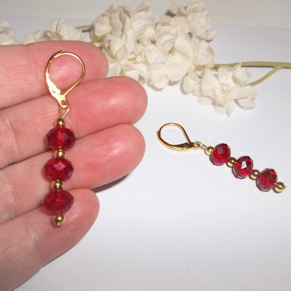 Sexy Red & Gold Earring Set Sparkly Handmade Fashion Jewelry Pair Dangly 6329 - Picture 5 of 7